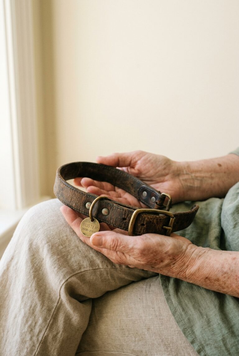 Hands resting in a lap holding a worn dog collar with a brass name tag