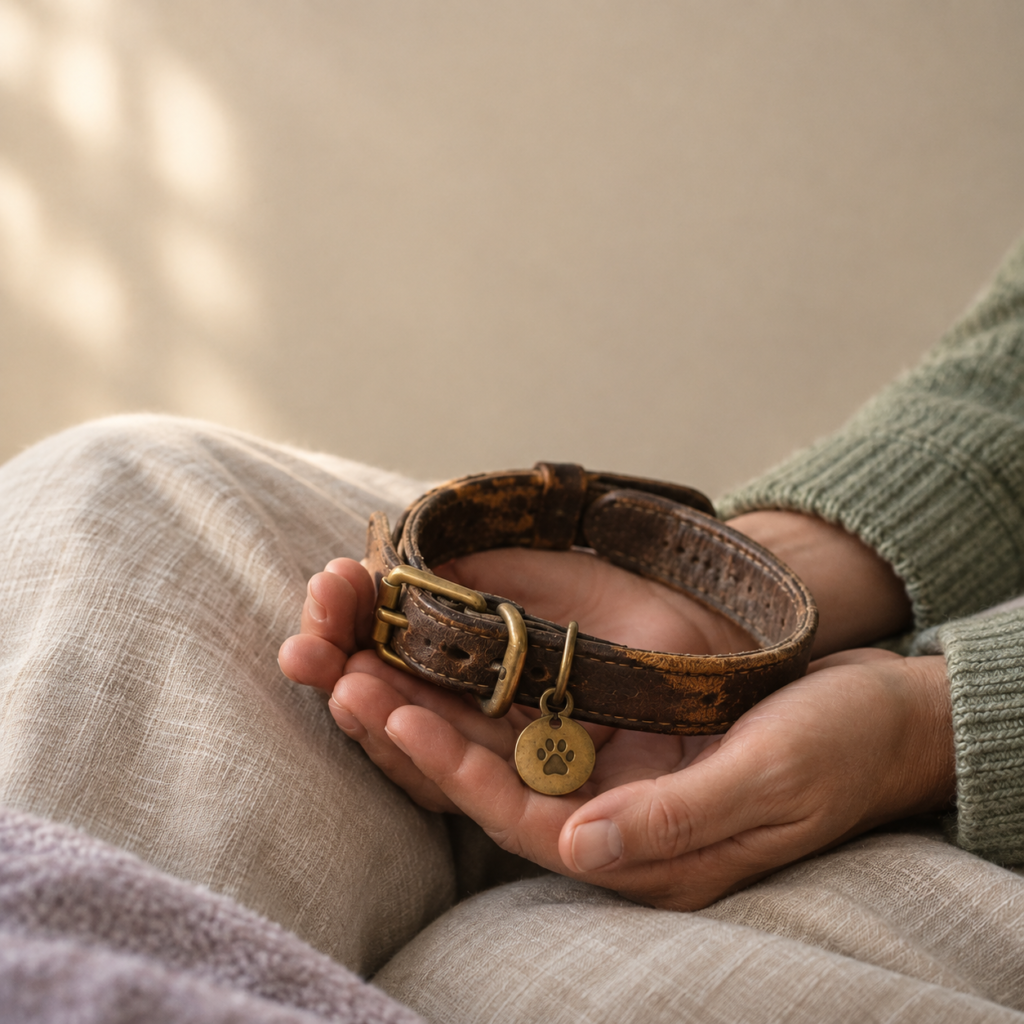 Hands resting in a lap holding a worn dog collar
